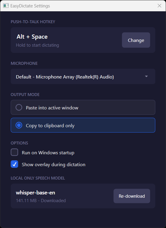 EasyDictate settings window
